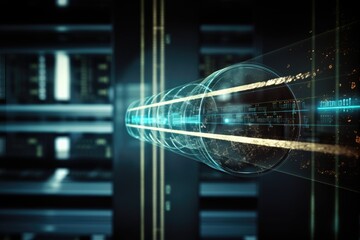 Sticker - Scope scanning with sliding columns and icon above server room. Conceptual image of global technology, internet safety, and digital interface. Generative AI