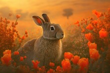 Easter Bunny In Red Wild Flower Field, Generative Ai Illustration.