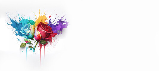 Two roses in splashes of paint on a white background. Banner. Copy space. created by AI