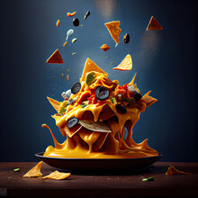 Some Food Flying Out Of A Bowl On Top Of A Wooden Table In Front Of A Blue Wall And Black Background