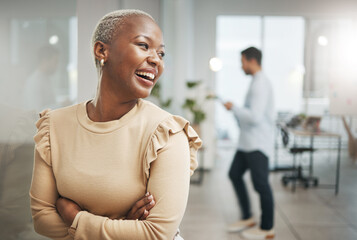 Canvas Print - Happy black woman in business office, workplace or company with career mindset for Human Resources. Profile of a proud worker, employee or staff busy in professional workspace for job opportunity