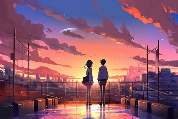 Canvas Print - lovely digital art image of an anime couple in the evening. Generative AI