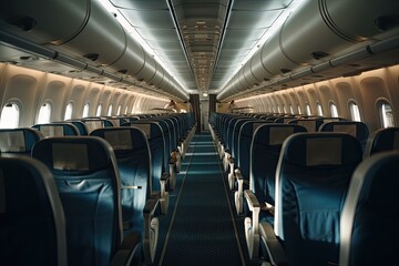 Wall Mural - Empty passenger airplane seats in the cabin. Generative AI