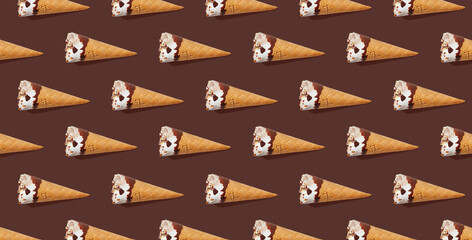 Wall Mural - Pattern of hazelnut ice cream on a stick on red pastel background