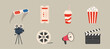 © Cali6ro - Cinema icon set line. Popcorn box package Big movie reel. Open clapper board. Ticket Admit one. Three star. Flat design style. Yellow background. Isolated. Vector illustration 10 eps.