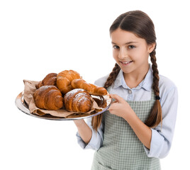 Sticker - Little baker with tray of tasty croissants on white background