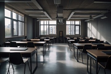 Poster - empty classroom modern with desks and chairs. Generative AI