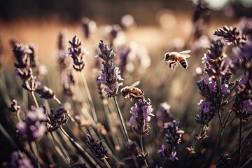 Canvas Print - lavender blossoms being pollinated by honeybees. insects that cause plant rot. Lavender blossoms in a hazy summer background with bees gorgeous wallpaper hazy focus Purple Field. Generative AI