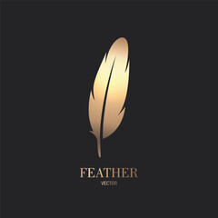 Wall Mural - Vector Fluffy Golden Color Feather Logo Icon, Silhouette Feather Closeup Isolated. Design Template of Flamingo, Angel, Bird Feather. Lightness, Freedom Concept