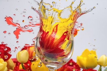 Wall Mural - Flowers in a glass of water with splashes and droplets. Background of a red flower with yellow petals. aesthetic of abstract flowers. Botanical art drops and blobs. Generative AI