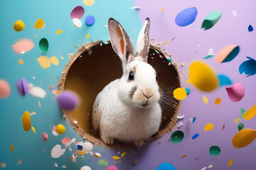 Wall Mural - Rabbit tore a hole in a paper background, jumps out of a hole in a blue wall, fluffy eared rabbit, easter bunny banner, rabbit jumps out of a torn hole, Generative AI