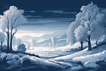 Sticker - Winter landscape and background. Winter trees in a fantasy world. wintery setting Background of Christmas and New Year. Generative AI