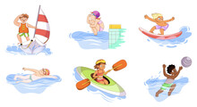 Kids Doing Water Sports Set. Swimming, Surfing, Water Polo, Canoeing, Ski Jumping And Sailing. Boys And Girls Activity Collection. Cartoon Flat Vector Illustrations Isolated On White Background