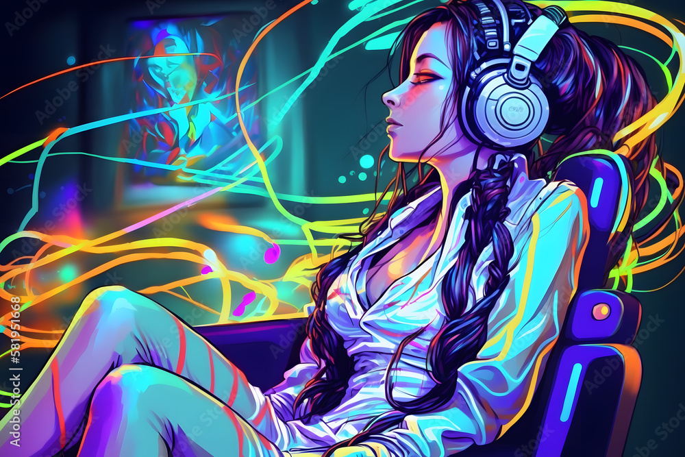 アート・デザイン・音楽 Girl futuristic anime style girl listening to music with