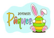 Easter greeting card. Colorful Easter egg with bunny. Happy Easter colorful lettering in French (Joyeuses Pâques). Cartoon. Vector illustration. Isolated on white background