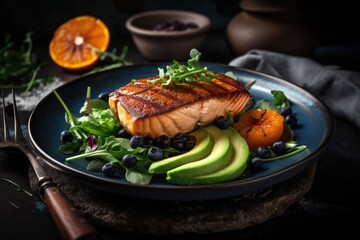 Poster - grilled salmon steak, avocado slices, and greens on a background of deep blue velvet. restaurant tab