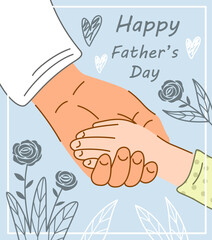 Man holds child by hand. Design element for happy fathers Day postcard. Good family relationships, love and support. Gift and present at holiday. Cartoon flat vector illustration