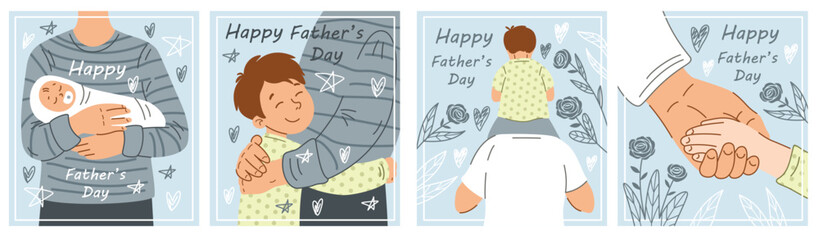 Happy fathers Day postcards set. Man with son and child. Gift and present for international holiday. Good family relationships and love. Cartoon flat vector illustrations isolated on white background