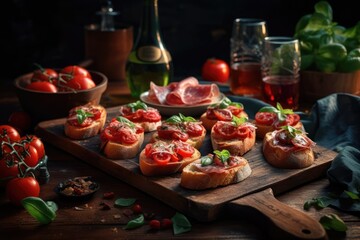 Sticker - Wine brushetta set. On a rustic wooden board against a gloomy background, a variety of little sandwiches with prosciutto, tomatoes, parmesan cheese, fresh basil, and balsamic crème are served with