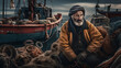 © IronStl - Man sits on the ground next to a boat with a lot of fishing nets. He is wearing a yellow jacket and a hat