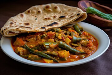 Poster - When eaten with Indian roti, chapati, or flatbread, bhindi masala, or ladies finger fry, and mixed veg in a fiery curry are both traditional. Generative AI