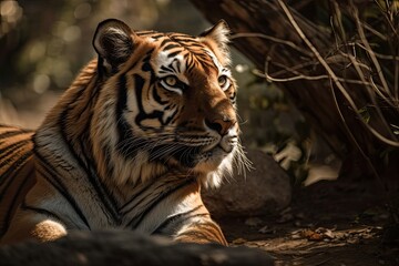 Canvas Print - Under the warmth of the spring sun, a tiger relaxes. Generative AI