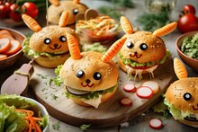 Fresh Cooked Rabbit Burgers That Are Delectable For An Easter Kids' Party. Burgers That Are Imaginatively Shaped Like Bunnies, With Amusing Bunny Ears And Muzzles, And Have Easter Themed Copy Space