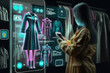 © Oier - Illustration of woman buying clothes online with futuristic mobile technology payment. Generative AI.