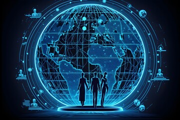 Wall Mural - Wallpaper Illustration and background of globe, with people connection. Front view. Concept of people, network, globalization, business. Generative AI.