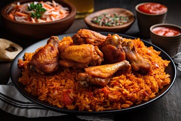 Wall Mural - Nigerian food party Close up of a platter of jollof rice and fried chicken wings. above, horizontal top view. Generative AI