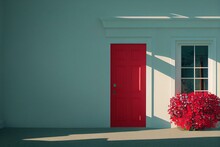 White House With Red Door And Window And Flowers. Generative AI