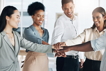 Poster - Team building, hands together or happy business people in meeting or group project for motivation. Diversity, mission or employees in collaboration for our vision, strategy plan or target goals