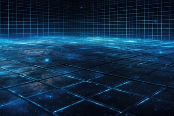 Grid for Perspective. Abstract background with a bright blue floor with stars, dust, and flare. futuristic space glitter against a dark background. Generative AI