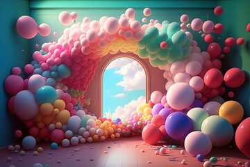 Room full of colorful balloons and a door to heaven. Fantasy style. Generative AI illustration