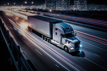 Nighttime Logistics sleek image of a delivery truck driving on a busy highway at night, showcasing the precision and efficiency of modern logistics, generative ai