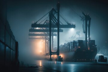 port with cranes and containers, surrounded by fog and mist, capturing the mystery and intrigue of international trade, generative ai