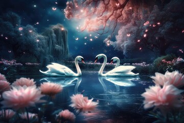 Canvas Print - Fantasy enchanting enchanted fairy tale scenery with elegant birds in love, flowering pink rose flower garden on enigmatic blue background at night, and two white swans couple swimming in lake