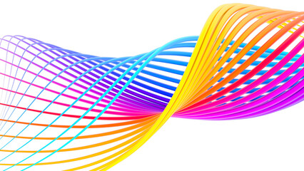 Wall Mural - Rainbow abstract twisted shape. Bright curl, artistic spiral. Abstract element for design. 3D rendering image. Image isolated on a transparent background.