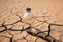Save Water, The Water Crisis, And The Impact Of Climate Change On The Need For Water Are All Metaphors For Clean Water In A Plastic Bottle On Parched Soil. Generative AI
