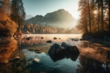 Fototapeta Pomosty - Stunning autumn sunrise over Hintersee lake. Amazing early morning view of the Bavarian Alps near the border with Austria, in Europe. Background of the natural world's beauty. Generative AI