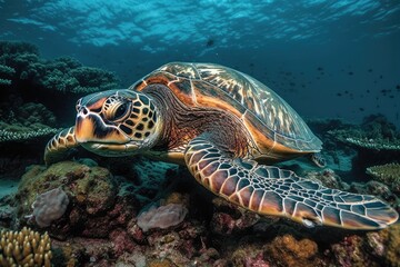 Postcard from underwater beauty. Sea turtle from the Maldives floating above coral reef. Loggerhead in its natural environment. Generative AI