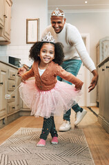 Poster - Child tutu, parent ballet dance and portrait of girl and father together bonding with dancing in the kitchen. Home, kid and dad with love and care in a house playing a dancer game for children fun