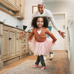 Sticker - Child, parent ballet dance and portrait of a girl and father together bonding with dancing in the kitchen. Home, kid and dad with love and care in a house playing a dancer game for children fun