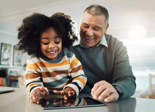 tablet, online education and child with grandfather bonding, fun internet games and e learning devel