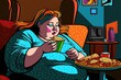 Overweight woman watching TV and eating junk food. Generative Ai