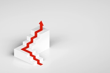 Wall Mural - Red arrow up with white stair on white background, 3D arrow climbing up over a staircase , 3d stairs with arrow going upward, 3d rendering