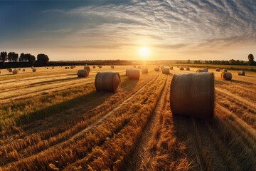 Sticker - Panorama of a field of crops with a blue sky and straw bales. Generative AI