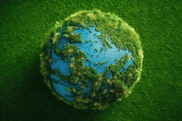 green grass in the shape of a world globe, isolated on a blue background. generative ai