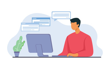 A man using computers for work or chat. Internet communication concept for banner, website design or landing web page. Vector illustration for business, workplace, communication concept.