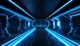 Fototapeta Do przedpokoju - Blue White Led Lights Sci Fi Futuristic Modern Spaceship Dark Tunnel Corridor. Generative ai